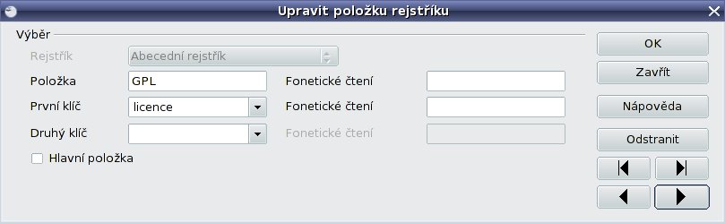 Okno pro úpravu položky rejstříku