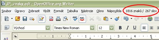 Zobrazené údaje o počte znakov a slov v menu OpenOffice.org Writer v českej lokalizácii