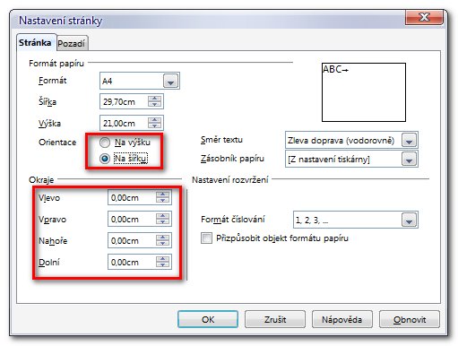 Otevřené dialogové okno Nastavení stránky