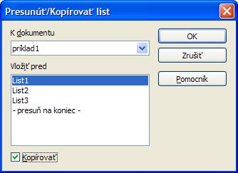 Dialógové okno s možnosťami presunu, alebo kopírovania listu