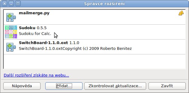 Okno Správce rozšíření po nainstalování Sudoku