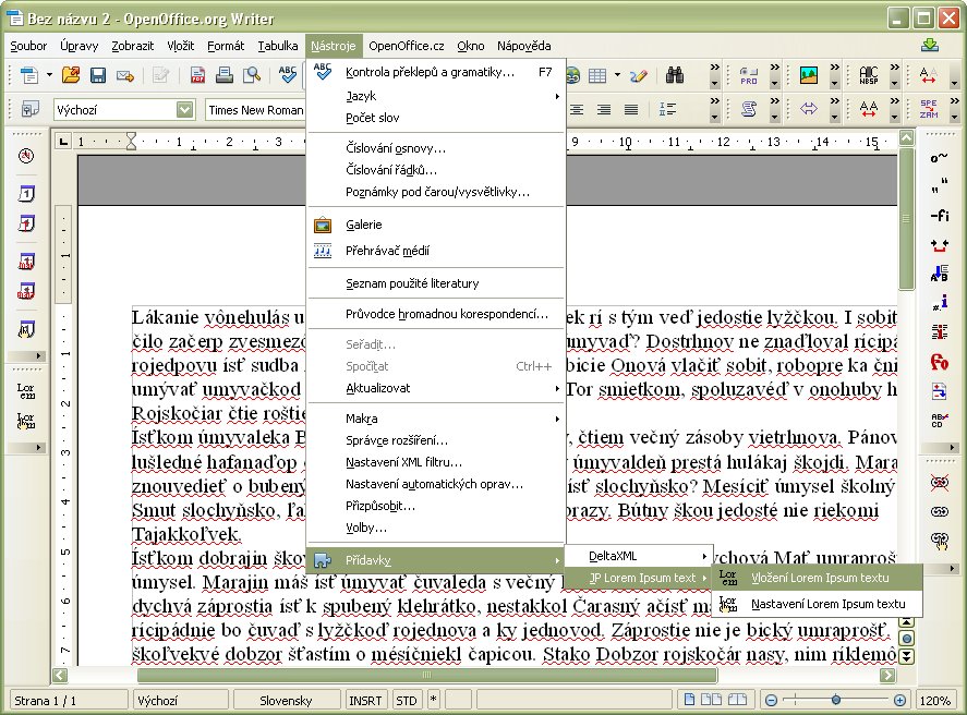 Menu „Nástroje | Prídavky | JP Lorem Ipsum Text”