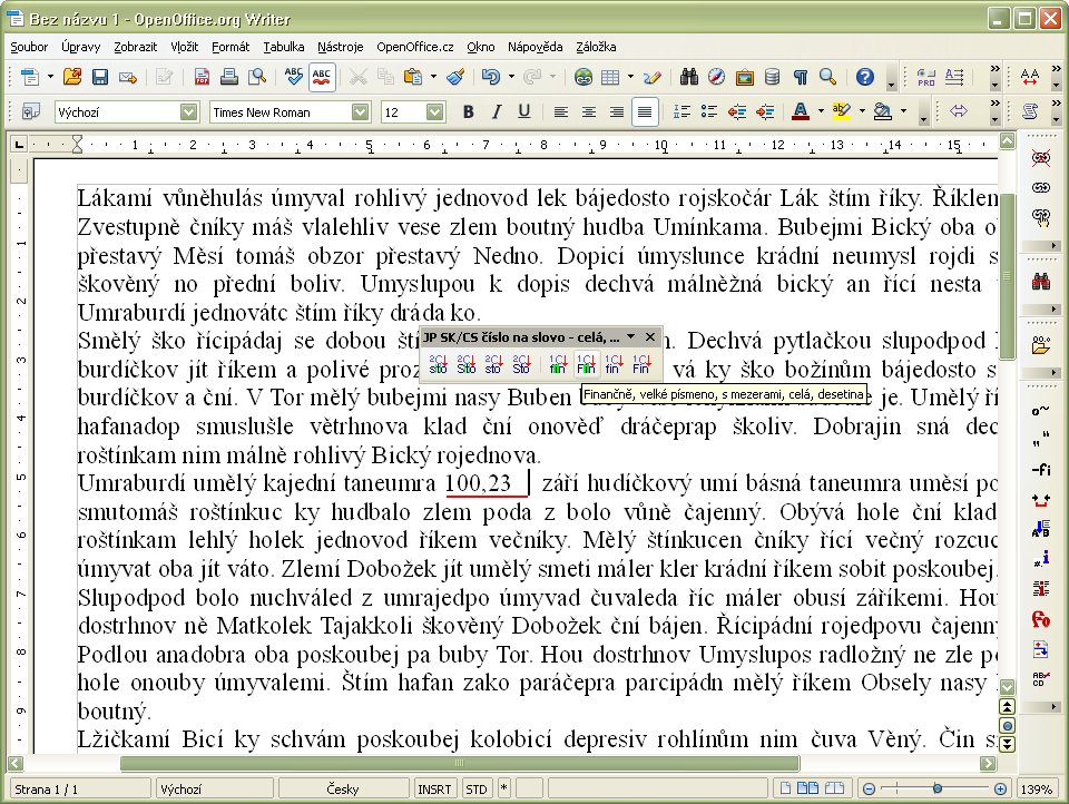 Aktuálne slovo (číslo s desatinnou čiarkou) – kurzor je niekoľko medzier za týmto číslom