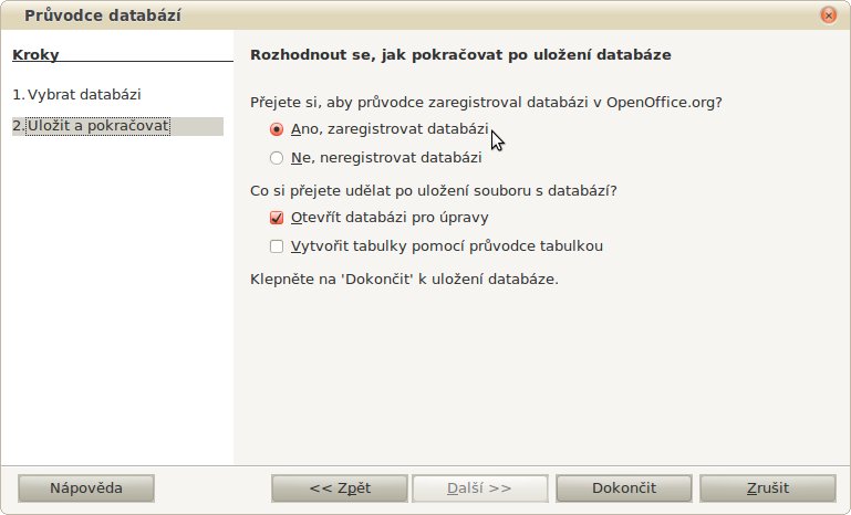 Průvodce – druhý krok s registrací databáze