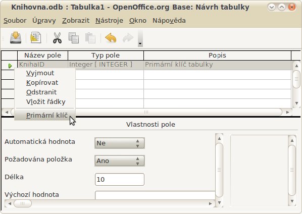Nastavení primárního klíče tabulky