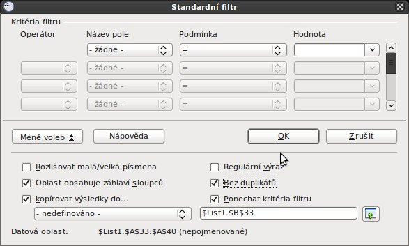 Standardní filtr a odstranění duplicity