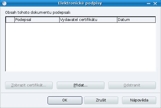 Dialog pro práci s elektronickými podpisy v dokumentu