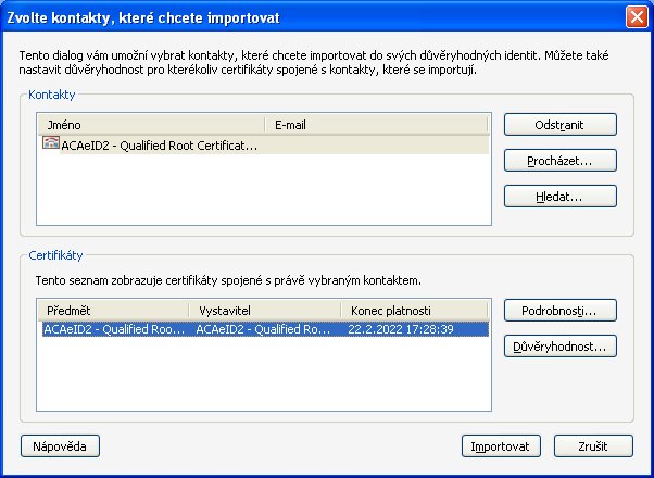 Dialog pro import certifikátu v Adobe Readeru