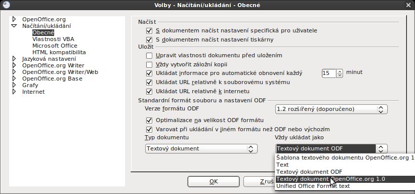 Načítání/ukládání – Obecné (nastavení výchozího formátu pro ukládání)