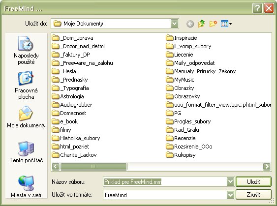 Výber adresára a zadanie názvu exportovaného FreeMind súboru