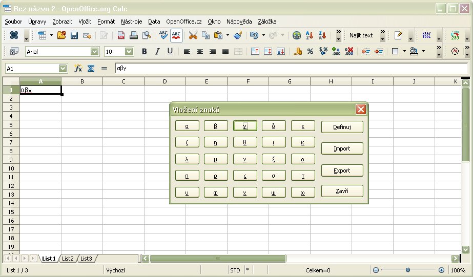 Vkladanie špeciálnych znakov v module Calc