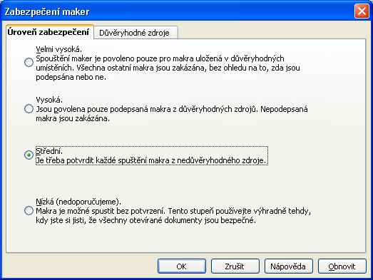 Dialog pro nastavení zabezpečení maker