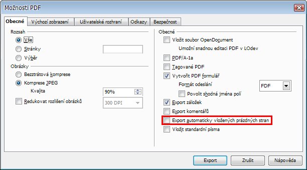 Přepracované dialogové okno pro export PDF. Přehlednější než např. stávající v OpenOffice.org.
