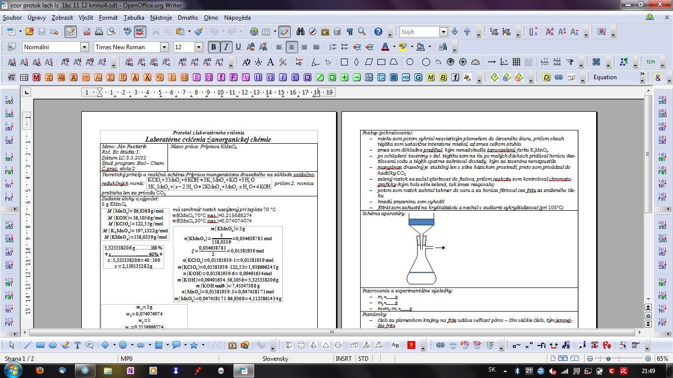 OpenOffice.org Writer - laboratorní protokol z chemie