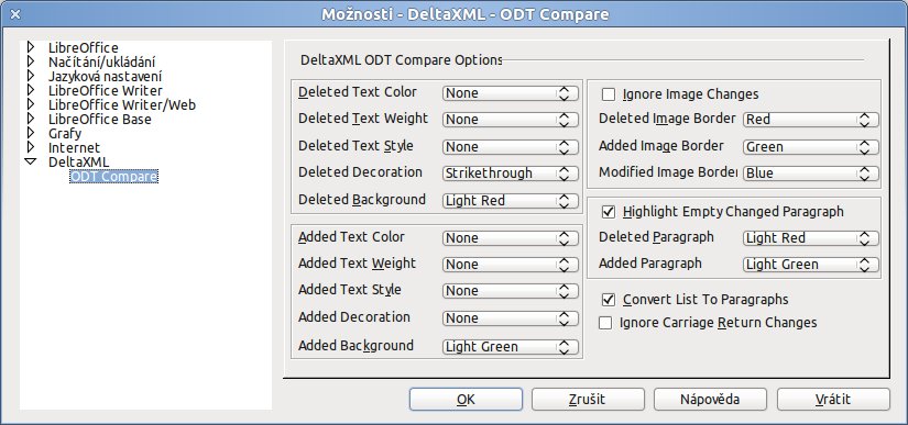 Různé možnosti nastavení pluginu DeltaXML Compare