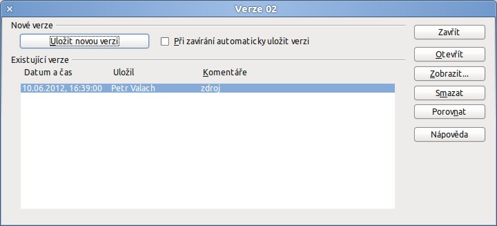 Dialogové okno pro ukládání a správu verzí