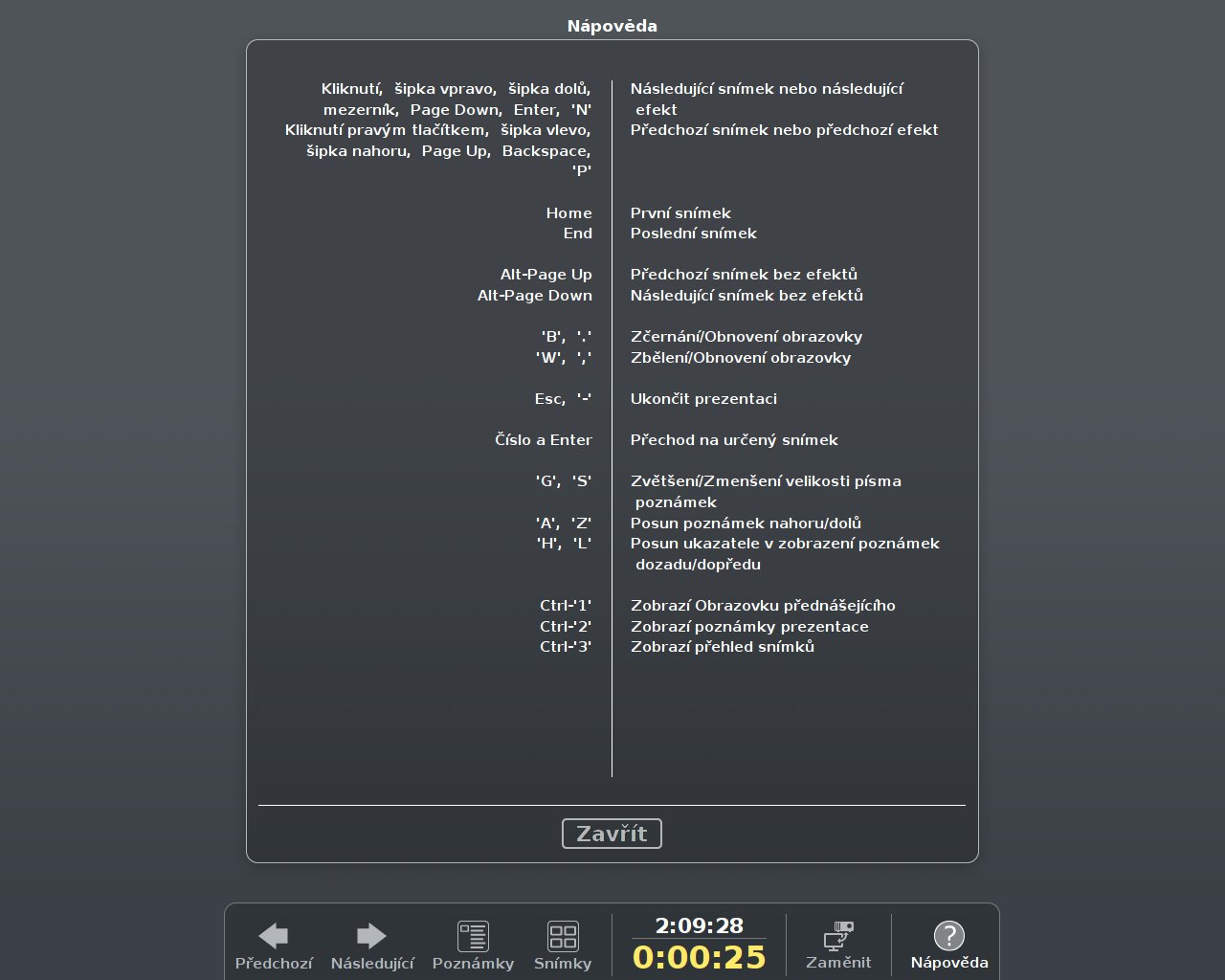 Pohled na zobrazenou nápovědu – s užitečnými klávesovými zkratkami