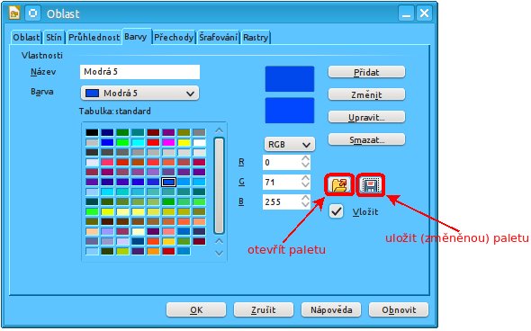 Okno Oblast pro otevření palety barev