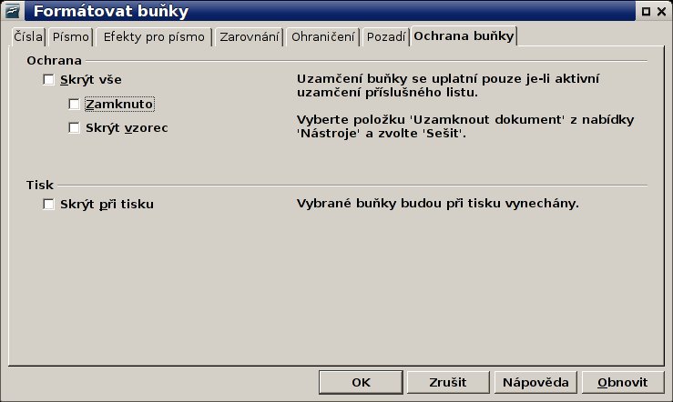 Záložka Ochrana buňky při formátování buněk