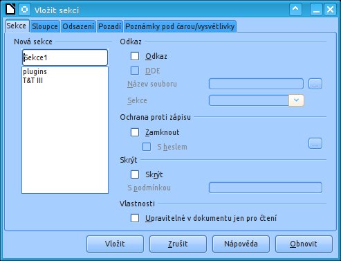 Správa sekcí v okně Vložit sekci/Upravit sekce