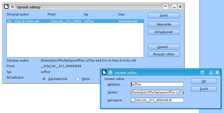 Správa odkazů v okně Upravit odkazy