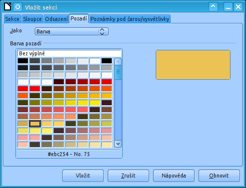 Podbarvení sekcí obrázkem nebo barvou na kartě Pozadí