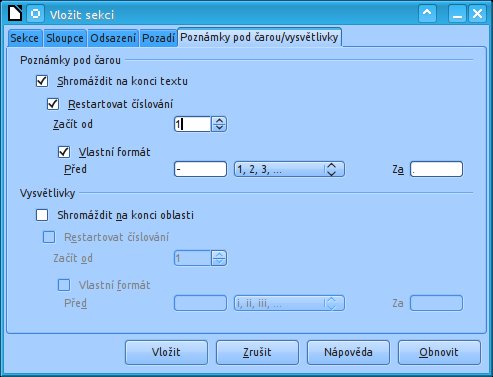 Úprava vysvětlivek a poznámek pod čarou vložených do sekce