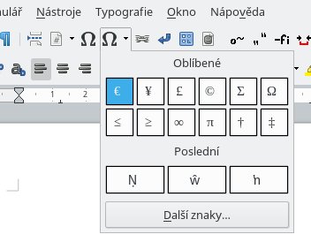 Nové rozbalovací tlačítko Vložit speciální znaky