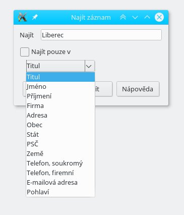 Okno pro nalezení konkrétního adresáta podle hodnoty pole