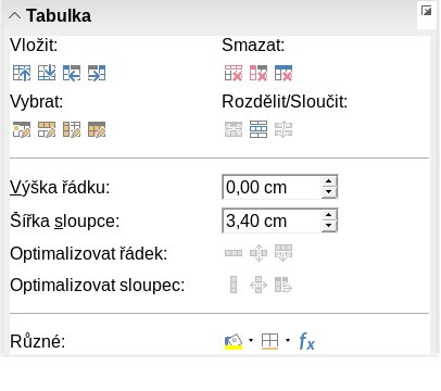 Část postranního panelu pro úpravu tabulky