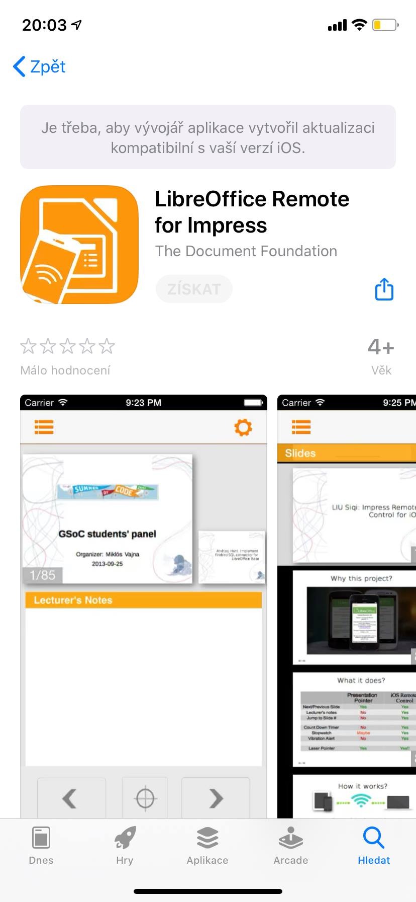 Pro instalaci na iOS je třeba aktualizovat aplikaci