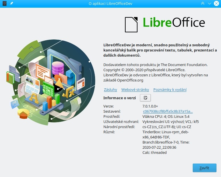 Okno O aplikaci LibreOffice v aktuálním vývojovém buildu