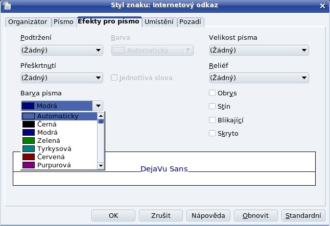 Úprava znakového štýlu Internetový odkaz