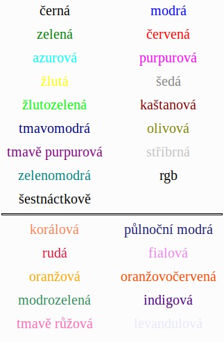 Příklady možných barev v Math