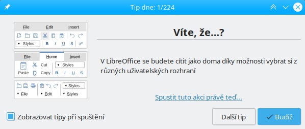 Úvodní tip s výběrem uživatelského rozhraní