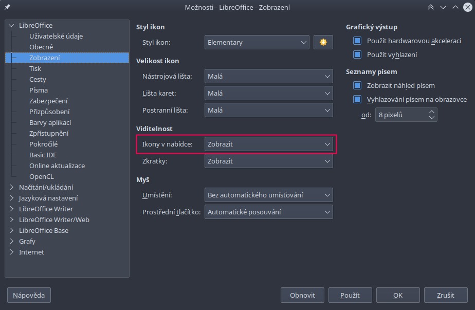 Prostředí KDE - možnost povolit/zakázat ikony v nabídkách