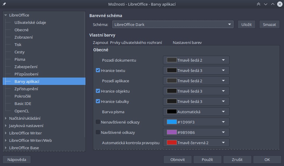 Barevné schéma LibreOffice Dark