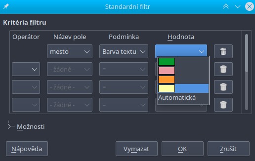 Použití barev při filtrování ve standardním filtru