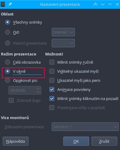 Nastavení spuštění Obrazovky přednášejícího v samostatném okně
