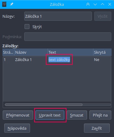 Změny v dialogovém okně Záložka