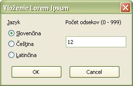Možnosti pracovného okno Vloženie Lorem Ipsum