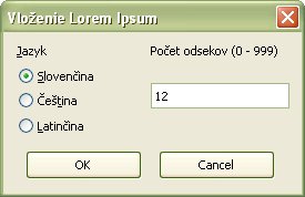 Možnosti pracovného okna Vloženie Lorem Ipsum