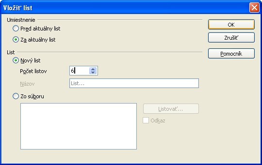 Vloženie listu - dialóg