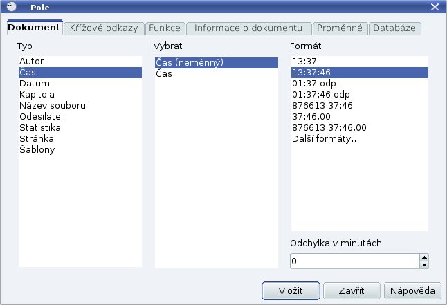 Do dokumentu lze vložit pole dle vlastní volby
