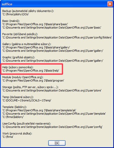 Vyhľadanie cesty k súborom pomocníka pomocou rozšírenia  JP_cesty_ooo.oxt v OS windows