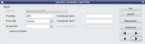 Okno pro úpravu položky rejstříku