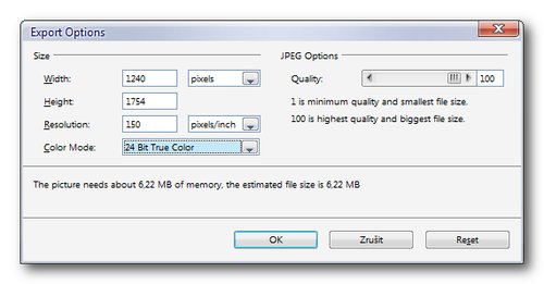 Export do JPEGu umožňuje vypustit obrazová data – za cenu snížení kvality výstupu