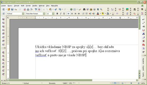 Ukážka nezalomiteľných medzier za jednoznakovými spojkami a predložkami