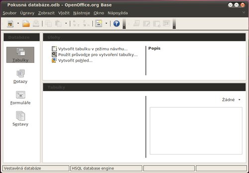 Otevření Base v linuxové distribuci Ubuntu (prázdná databáze)