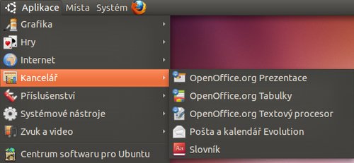 Výchozí vybavení Kanceláře v Ubuntu (OpenOffice.org Kreslení je v položce Grafika)